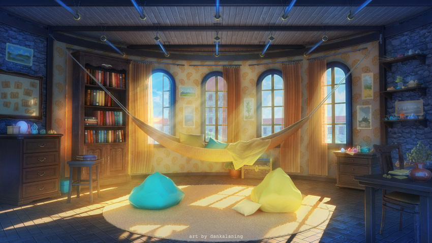 artist_name bed_sheet book bookshelf building carpet chair clouds commentary_request curtains dankalaning day english_text flower_pot gem hammock highres no_humans note open_book original painting_(object) pillow plant scenery shade shelf sky sunlight table vase window