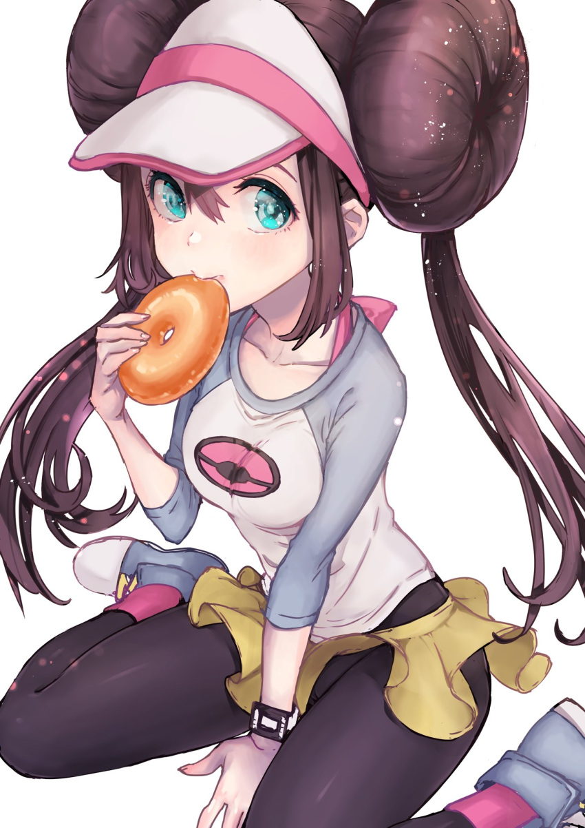1girl bangs black_legwear bow breasts brown_hair closed_mouth collarbone commentary_request double_bun doughnut eating food green_eyes hair_between_eyes highres holding holding_food kumatani legwear_under_shorts long_hair pantyhose pink_bow pokemon pokemon_(game) pokemon_bw2 raglan_sleeves rosa_(pokemon) shirt shoes short_shorts shorts sitting sneakers solo twintails visor_cap yellow_shorts