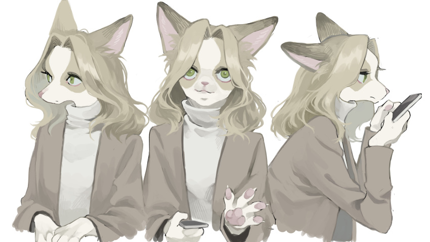 1girl :3 absurdres animal_ears animal_hands animal_nose brown_coat brown_fur brown_hair claws closed_mouth coat commentary cropped_torso dog_ears dog_girl flat_chest from_side furry furry_female green_eyes grey_sweater hair_intakes hands_up happy highres long_hair long_sleeves looking_at_phone looking_at_viewer looking_to_the_side mayumochini multiple_views open_clothes open_coat original own_hands_together pawpads phone profile shiny shiny_hair sidelocks sideways_mouth simple_background smile snout sweater turtleneck turtleneck_sweater two-tone_fur upper_body waving white_background white_fur
