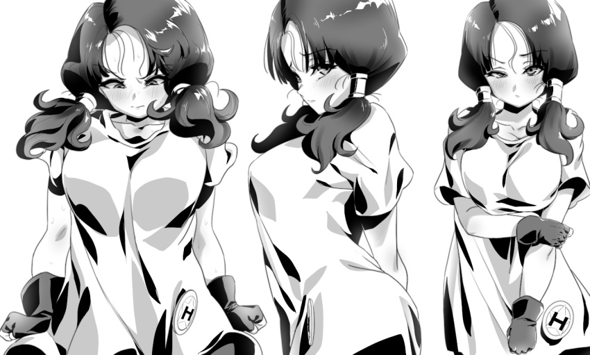 1girl blush breasts closed_mouth collarbone dragon_ball dragon_ball_z fingerless_gloves gloves greyscale looking_at_viewer low_twintails monochrome multiple_views rom_(20) shirt short_sleeves short_twintails standing twintails videl