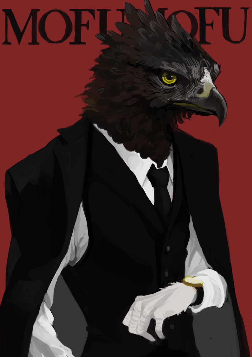 1boy absurdres beak bird_boy black_fur black_jacket black_necktie black_sclera black_vest body_fur buttons closed_mouth collared_shirt colored_sclera commentary feathers furry furry_male hand_up highres jacket jacket_on_shoulders long_sleeves male_focus mayumochini necktie open_clothes open_jacket original red_background romaji_text shirt simple_background solo standing two-tone_fur vest watch watch white_fur white_shirt yellow_eyes