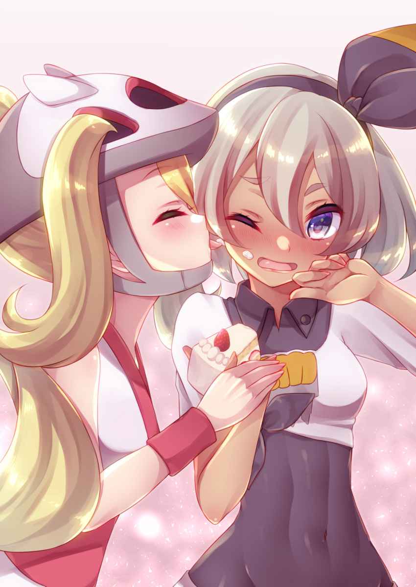 2girls bangs bea_(pokemon) bicycle_helmet black_bodysuit black_hairband blonde_hair blush bodysuit bodysuit_under_clothes bow_hairband breasts cake closed_eyes collared_shirt commentary_request covered_abs covered_navel eyelashes food grey_eyes hair_between_eyes hairband helmet highres holding holding_cake holding_food korrina_(pokemon) licking licking_another's_face long_hair multiple_girls one_eye_closed open_mouth pokemon pokemon_(anime) pokemon_swsh_(anime) print_shirt shirt short_sleeves strawberry_shortcake tongue tongue_out yuri