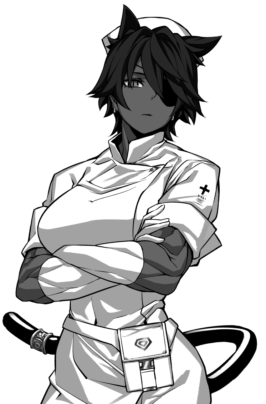 1girl absurdres animal_ears breasts cat_ears cat_girl cat_tail covered_navel cowboy_shot crossed_arms dark-skinned_female dark_skin desperado_(yotaro) earrings elbow_gloves eyepatch gloves greyscale hat highres jewelry large_breasts looking_at_viewer mao_(yotaro) monochrome muscular muscular_female nurse nurse_cap pouch short_hair short_sleeves simple_background slit_pupils solo tail tail_ornament white_background yotaro