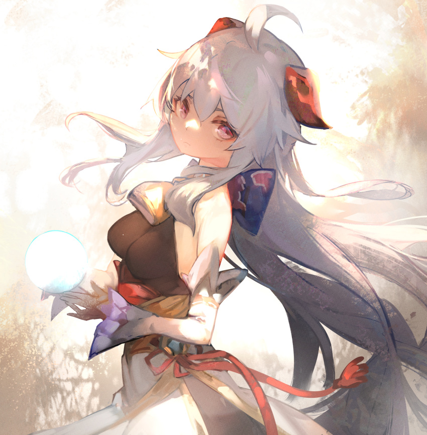 1girl absurdres ahoge bare_shoulders bell black_bodysuit black_gloves blue_hair bodice bodysuit breasts closed_mouth commentary cowbell cowboy_shot detached_sleeves ganyu_(genshin_impact) genshin_impact gloves goat_horns highres horns long_hair looking_at_viewer medium_breasts neck_bell orb saitogiulio solo violet_eyes vision_(genshin_impact)