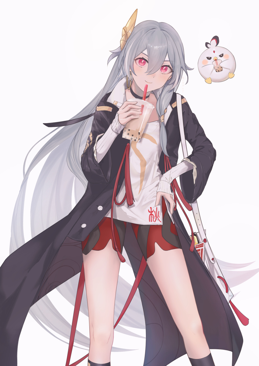 1girl absurdres arin_(1010_ssu) bangs bird black_coat black_hair casual chicken closed_mouth coat cup disposable_cup drinking_straw earrings fu_hua fu_hua_(herrscher_of_sentience) hair_between_eyes hair_ornament hand_on_hip highres holding holding_cup honkai_(series) honkai_impact_3rd jewelry long_sleeves looking_at_viewer milk_tea red_eyes red_shorts shirt shorts single_earring smile solo white_shirt