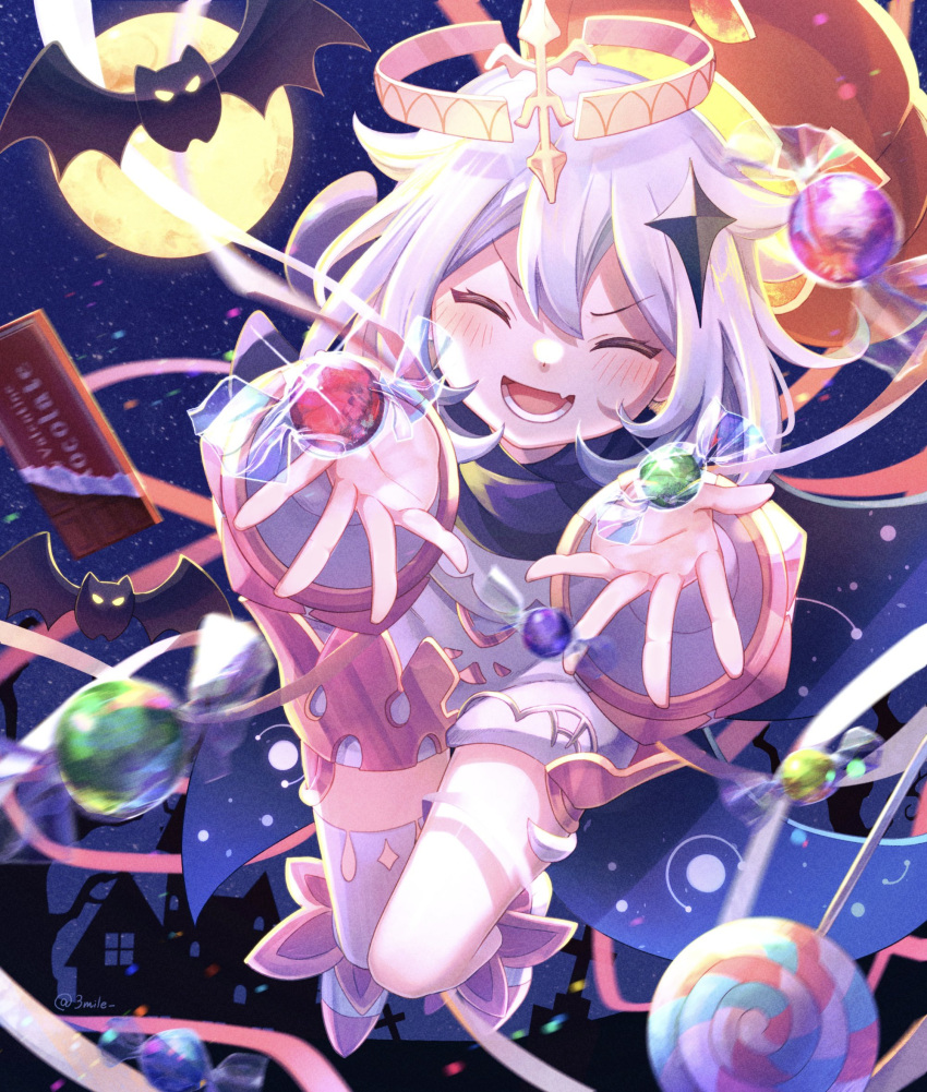 &gt;:) 1girl 3mlie bangs bat blue_scarf candy chocolate chocolate_bar closed_eyes commentary fang food full_body full_moon genshin_impact hair_ornament halloween halo highres lollipop lower_teeth moon night open_mouth outstretched_hand paimon_(genshin_impact) pumpkin ribbon scarf shoes short_hair silhouette silver_hair single_thighhigh skin_fang solo teeth thigh-highs twitter_username v-shaped_eyebrows wrapped_candy