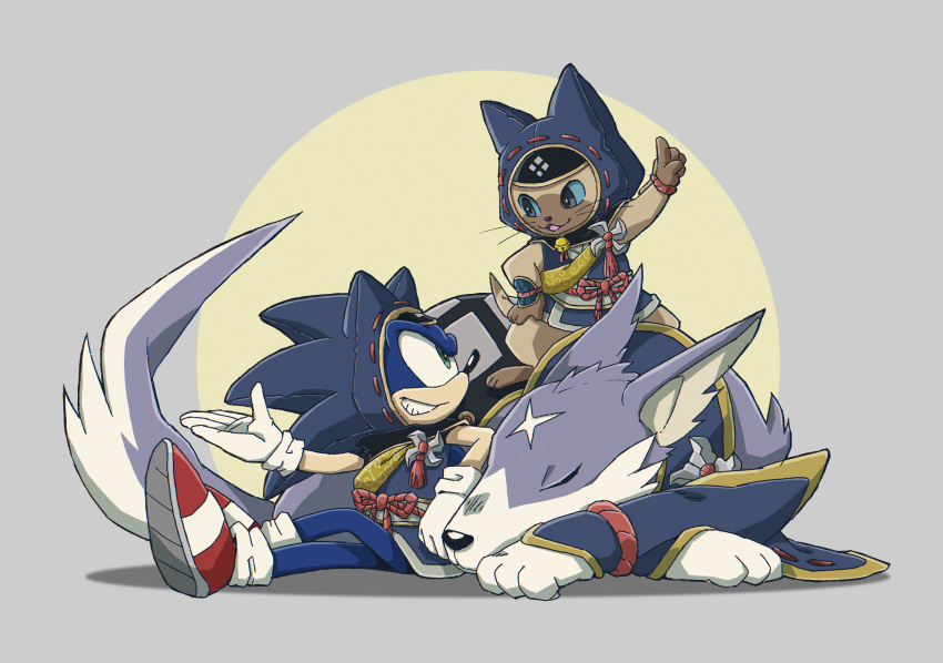 1boy absurdres blue_eyes brown_gloves cat crossover english_commentary felyne gloves green_eyes hand_on_hip highres looking_up monster_hunter_(series) monster_hunter_rise ninja official_art open_hand pointing pointing_up red_footwear smile sonic_(series) sonic_the_hedgehog uekawa_yuji white_gloves wolf