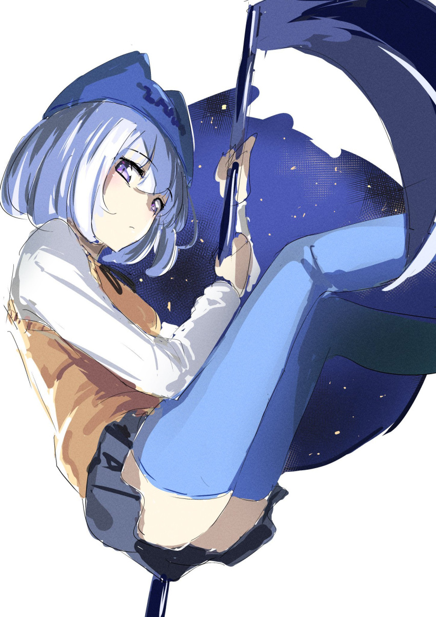 1girl athena_(campione!) bangs blue_hair blue_legwear campione! eyebrows_behind_hair eyebrows_visible_through_hair from_side grey_eyes hat highres holding holding_sickle holding_weapon looking_at_viewer manno_(kanpi2100) ribbon school_uniform shirt short_hair sickle silver_hair solo thigh-highs vest vest_over_shirt weapon