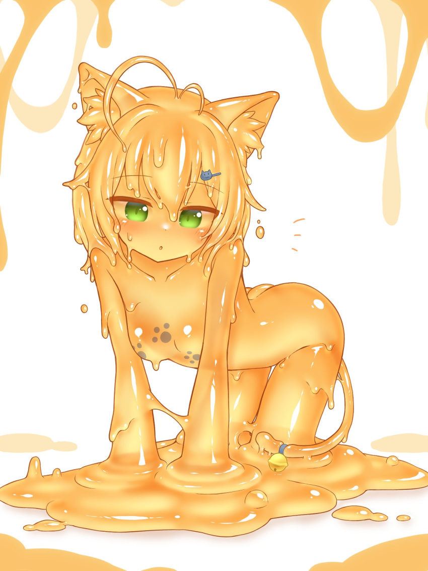 1girl :o all_fours animal_ears bell blush cat_ears cat_girl cat_hair_ornament cat_tail colored_skin curss eyebrows_visible_through_hair green_eyes hair_ornament hairclip highres looking_at_viewer monster_girl orange_hair orange_skin orange_slime original paw_print paw_print_pattern short_hair slime_girl solo tail tail_bell tail_ornament