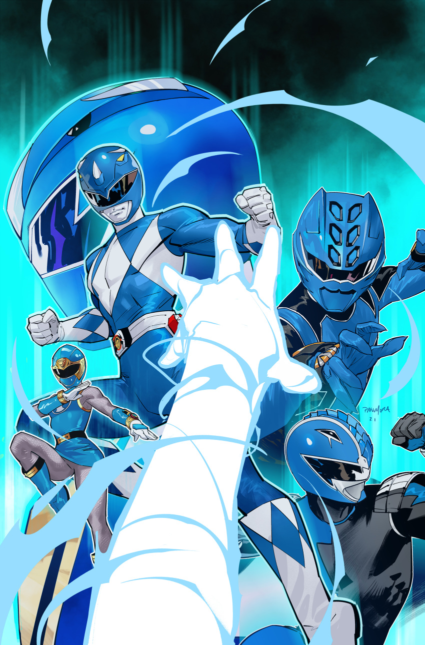 1girl 4boys absurdres blue_bodysuit blue_dress blue_footwear blue_ranger bodysuit boots character_request clenched_hands comic_cover cover cover_page dan_mora dress english_commentary fighting_stance gloves helmet highres horns looking_to_the_side mighty_morphin_power_rangers multiple_boys official_art open_hand power_rangers power_rangers_ninja_storm single_horn tokusatsu tori_hanson white_gloves william_cranston
