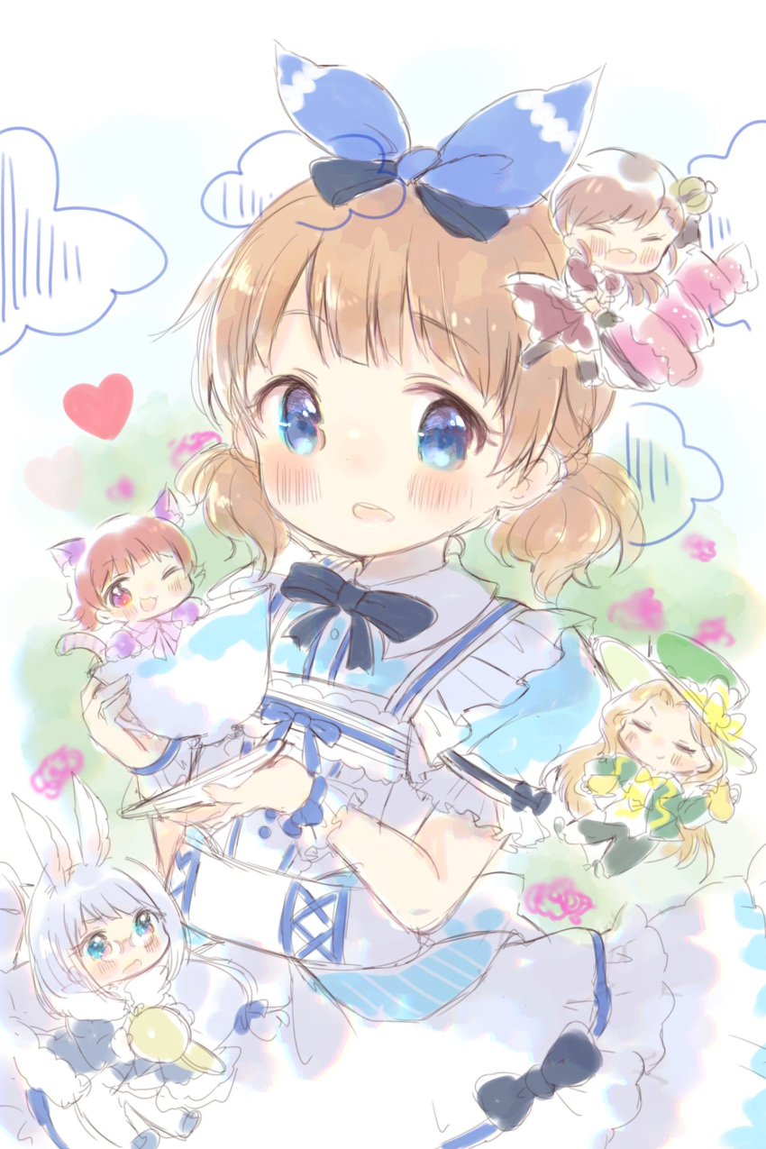 5girls animal_ears blonde_hair blue_dress blue_eyes blue_sky blush bow bowtie brown_hair cat_ears cat_tail chibi closed_eyes clouds cup dress flower frilled_dress frills futami_mami hat heart highres holding holding_cup idolmaster idolmaster_million_live! idolmaster_million_live!_theater_days jacket light_blue_hair mii_(mio0v0o) multiple_girls nikaidou_chizuru nonohara_akane one_eye_closed open_mouth puffy_short_sleeves puffy_sleeves rabbit_ears shiraishi_tsumugi short_sleeves short_twintails sky smile suou_momoko tail teacup twintails wrist_cuffs