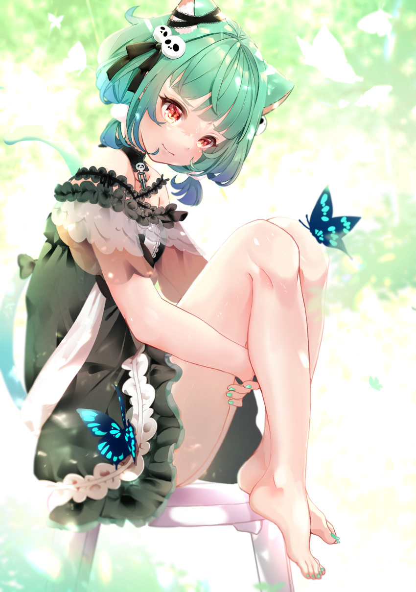 1girl absurdres animal_ears bare_shoulders barefoot black_choker black_dress black_ribbon blue_hair butterfly_on_knee cat_ears choker closed_mouth dress extra_ears fingernails flat_chest frilled_dress frilled_straps frills from_side full_body gradient_hair green_hair green_nails hair_ornament hair_ribbon highres hololive hugging_own_legs knees_up looking_at_viewer low_twintails medium_hair multicolored_hair nail_polish off-shoulder_dress off_shoulder on_chair pom_pom_(clothes) pom_pom_hair_ornament red_eyes ribbon see-through_sleeves short_dress short_sleeves short_twintails sidelocks sitting skull_hair_ornament slit_pupils smile solo tibirolu toenail_polish toenails twintails uruha_rushia virtual_youtuber wristband