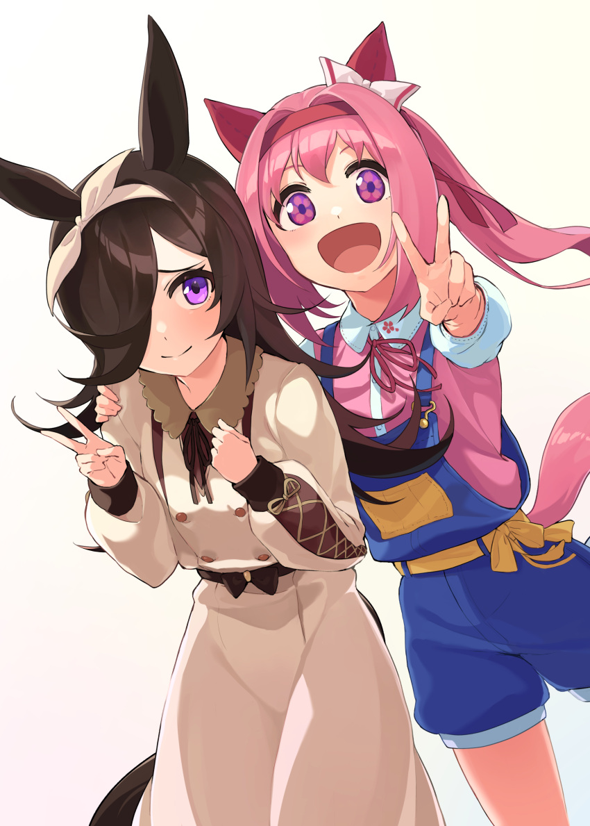 2girls absurdres animal_ears bangs belt brown_dress brown_hair buttons collared_shirt commentary_request dot_nose dress ear_bow flower-shaped_pupils hair_over_one_eye hairband hand_on_another's_shoulder haru_urara_(umamusume) highres horse_ears horse_girl horse_tail inuyabu_cc long_sleeves looking_at_viewer multiple_girls open_mouth outstretched_arm overall_shorts overalls pink_hair pink_shirt ponytail rice_shower_(umamusume) shirt simple_background smile symbol-shaped_pupils tail umamusume v white_background