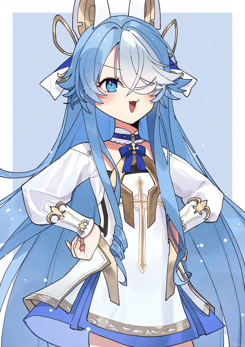 1girl absurdres akutaa animal_ears azur_lane blue_background blue_eyes blue_hair dress hair_over_one_eye highres long_hair looking_at_viewer maille-breze_(azur_lane) multicolored_hair short_dress simple_background solo standing two-tone_hair very_long_hair white_dress white_hair
