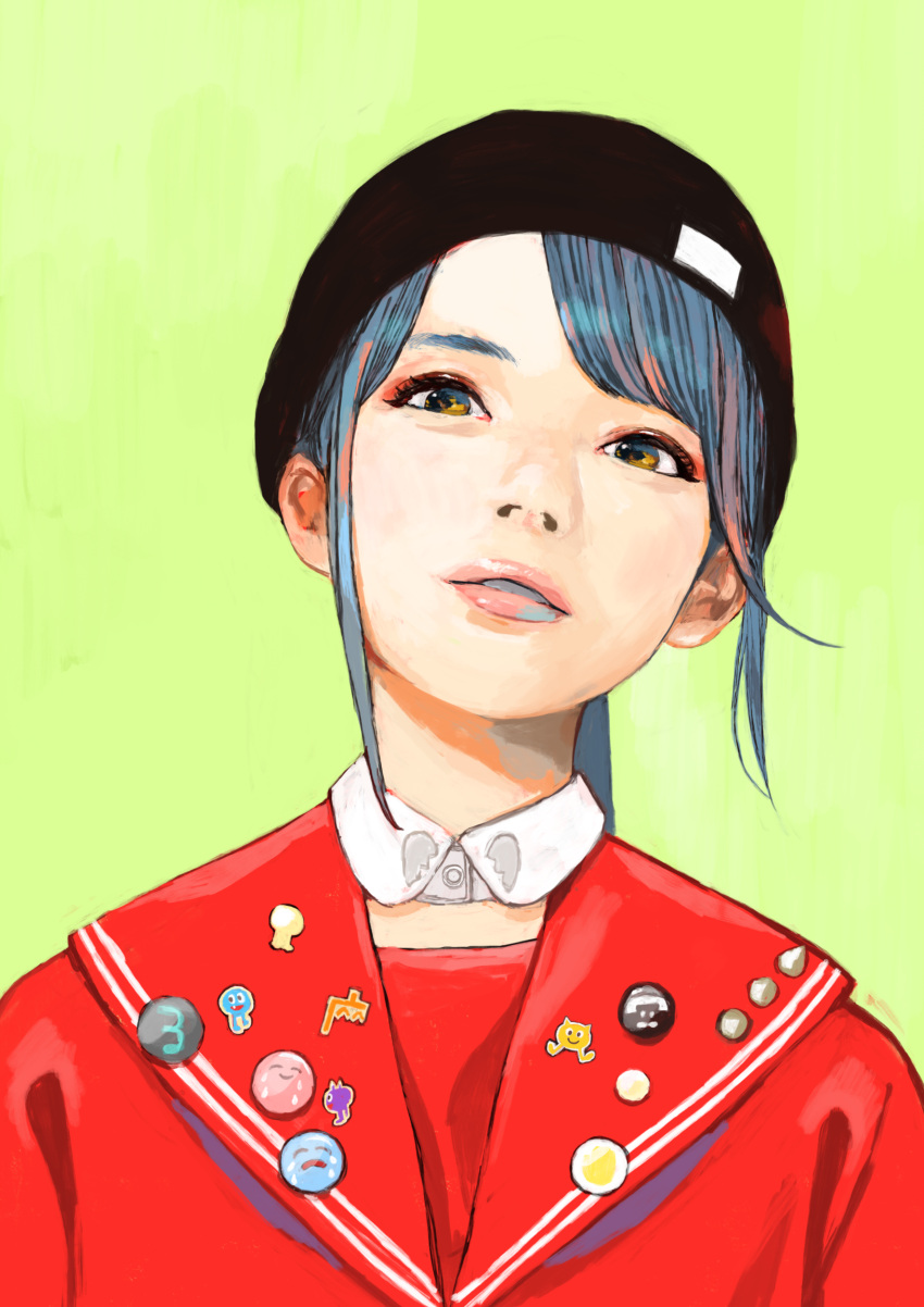 1girl absurdres badge beanie blue_hair button_badge choker detached_sleeves eyeshadow hat head_tilt highres junjunforever lips looking_at_viewer makeup original patch ponytail realistic red_eyeshadow sailor_collar solo yellow_eyes