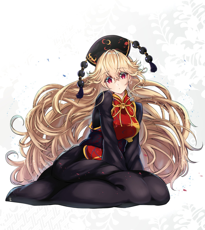 1girl :| absurdres bangs black_sleeves blonde_hair breasts chinese_clothes closed_mouth commentary_request crossed_bangs dot_nose expressionless eyebrows_visible_through_hair eyelashes fox_print full_body gold_trim hair_between_eyes hands_on_ground highres junko_(touhou) kurokan_(kokkyou_oudan) large_breasts long_hair long_sleeves looking_at_viewer phoenix_crown pom_pom_(clothes) purple_background red_eyes ribbon sash seiza shiny shiny_hair simple_background sitting slit_pupils solo tabard tassel touhou wavy_hair white_background wide_sleeves yellow_neckwear yellow_ribbon