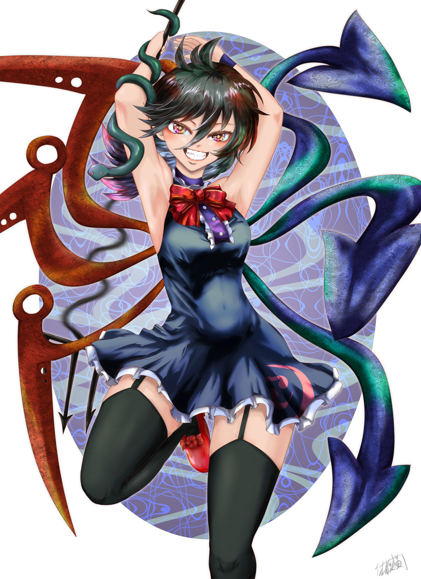 1girl arms_up asymmetrical_wings black_dress black_hair black_legwear blue_wings bow bowtie center_frills commentary_request dress footwear_bow frilled_dress frills garter_straps hair_between_eyes highres holding holding_weapon houjuu_nue looking_at_viewer medium_hair navel polearm red_eyes red_footwear red_neckwear red_wings short_dress signature sleeveless sleeveless_dress smile snake solo sparkling_eyes teeth thigh-highs touhou trident weapon wings wristband yokochou