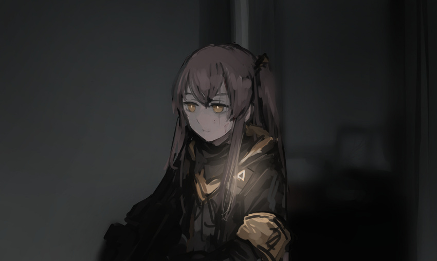 1girl 404_logo_(girls'_frontline) bangs black_jacket brown_hair commentary_request expressionless girls_frontline hair_between_eyes indoors jacket long_hair looking_ahead one_side_up orange_eyes rampart1028 scar scar_across_eye scar_on_face solo ump45_(girls'_frontline) upper_body