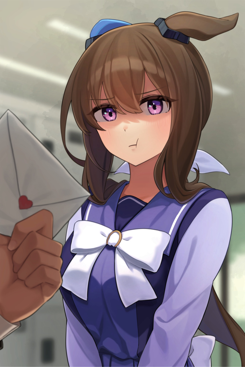 1girl 1other :t absurdres admire_vega_(umamusume) animal_ears bangs blurry blurry_background bow breasts brown_hair closed_mouth commentary_request envelope highres horse_ears indoors inuyabu_cc locker long_hair looking_at_viewer medium_breasts out_of_frame pout purple_shirt sailor_collar school_uniform shaded_face shirt tracen_school_uniform umamusume upper_body violet_eyes white_bow