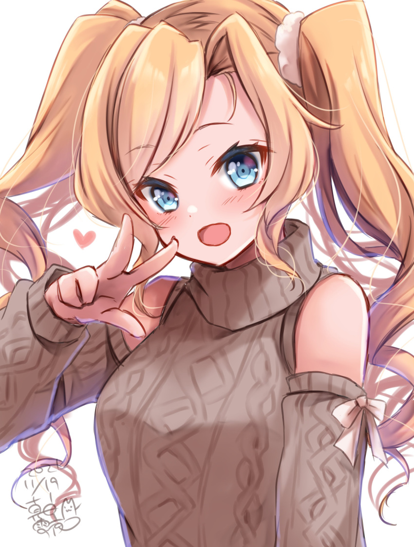 1girl absurdres artist_name bare_shoulders blonde_hair blue_eyes blush dated detached_sleeves drill_hair grey_sweater heart highres honolulu_(kancolle) kantai_collection long_hair mashiro_yukiya open_mouth signature simple_background smile solo sweater twin_drills twintails upper_body white_background