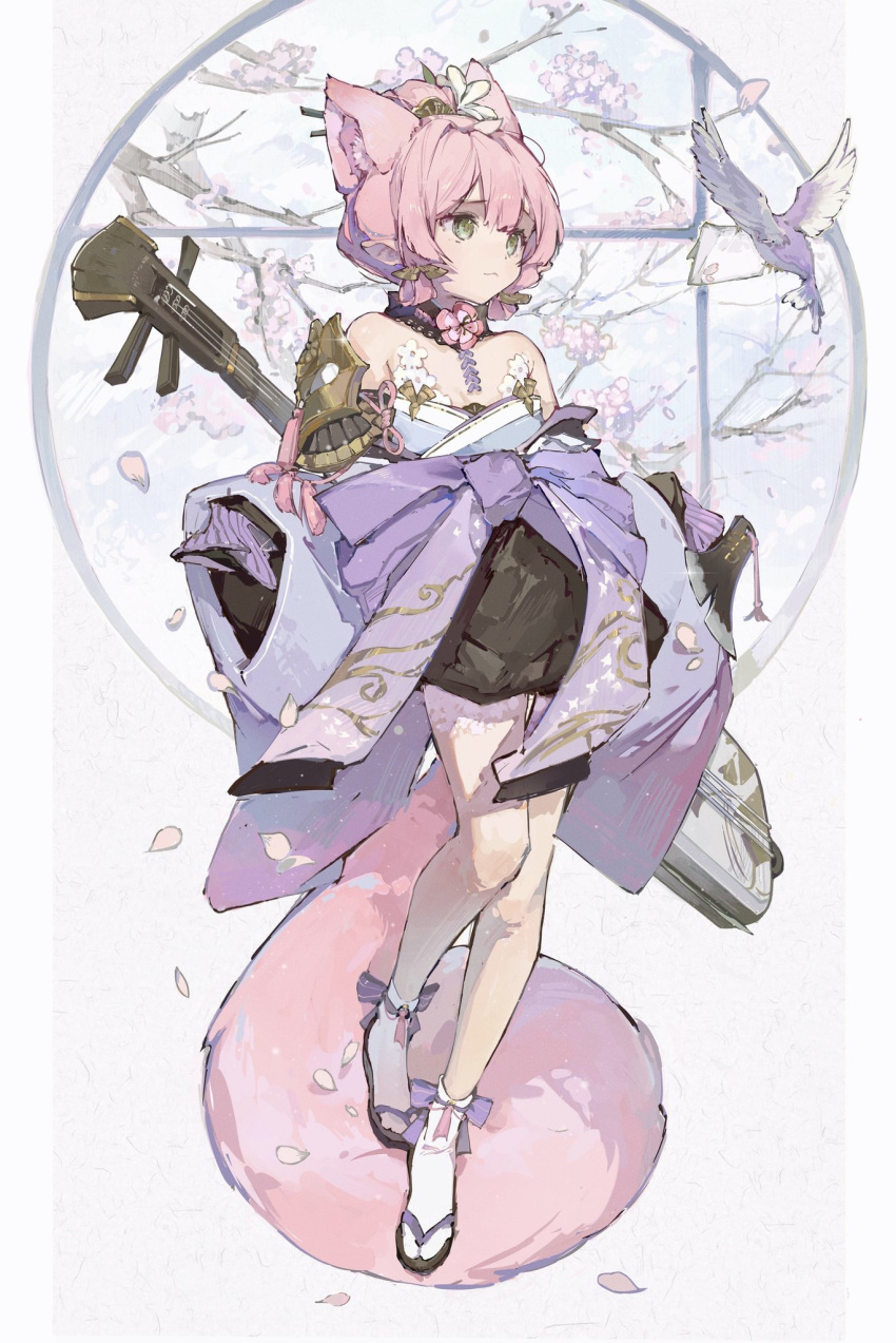 1girl animal_ears ankle_bow architecture armor bangs bare_shoulders bird black_collar blue_kimono blunt_bangs bow branch cherry_blossoms collar commentary dove east_asian_architecture extra_ears falling_petals flower full_body green_eyes hair_bun hair_flower hair_ornament hair_stick highres instrument instrument_on_back japanese_clothes kimono long_sleeves neck_flower off-shoulder_kimono original pauldrons petals pink_hair purple_bow qinghejunzi round_window sandals shamisen short_hair shoulder_armor single_pauldron socks solo standing tabi tail tassel white_legwear wide_sleeves window