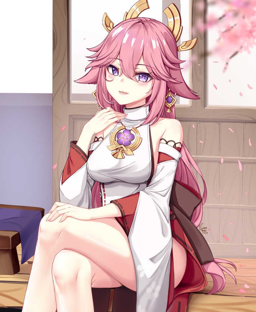 1girl absurdres bare_legs bare_shoulders blush breasts cherry_blossoms crossed_legs genshin_impact hair_ornament highres japanese_clothes legs long_sleeves looking_at_viewer miko petals pink_hair sitting smile solo thighs violet_eyes wide_sleeves yae_(genshin_impact) ying_miao