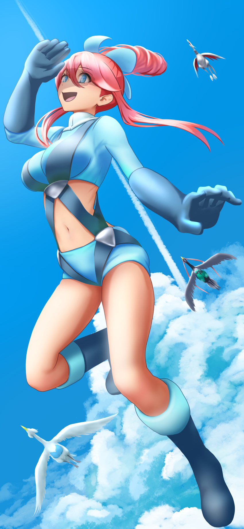 1girl :d absurdres arm_up bangs blue_eyes blue_footwear blue_gloves blue_jacket blue_shorts blue_sky boots breasts clouds commentary_request cropped_jacket day elbow_gloves eyebrows_visible_through_hair floating floating_hair flying folded_leg full_body gloves hair_between_eyes hair_ornament highres jacket large_breasts long_hair looking_up midriff nabe_saori navel one_side_up open_mouth pokemon pokemon_(creature) pokemon_(game) pokemon_bw redhead short_shorts shorts sidelocks skarmory sky skyla_(pokemon) smile solo_focus swanna swept_bangs thigh_pouch turtleneck turtleneck_jacket unfezant unfezant_(male)
