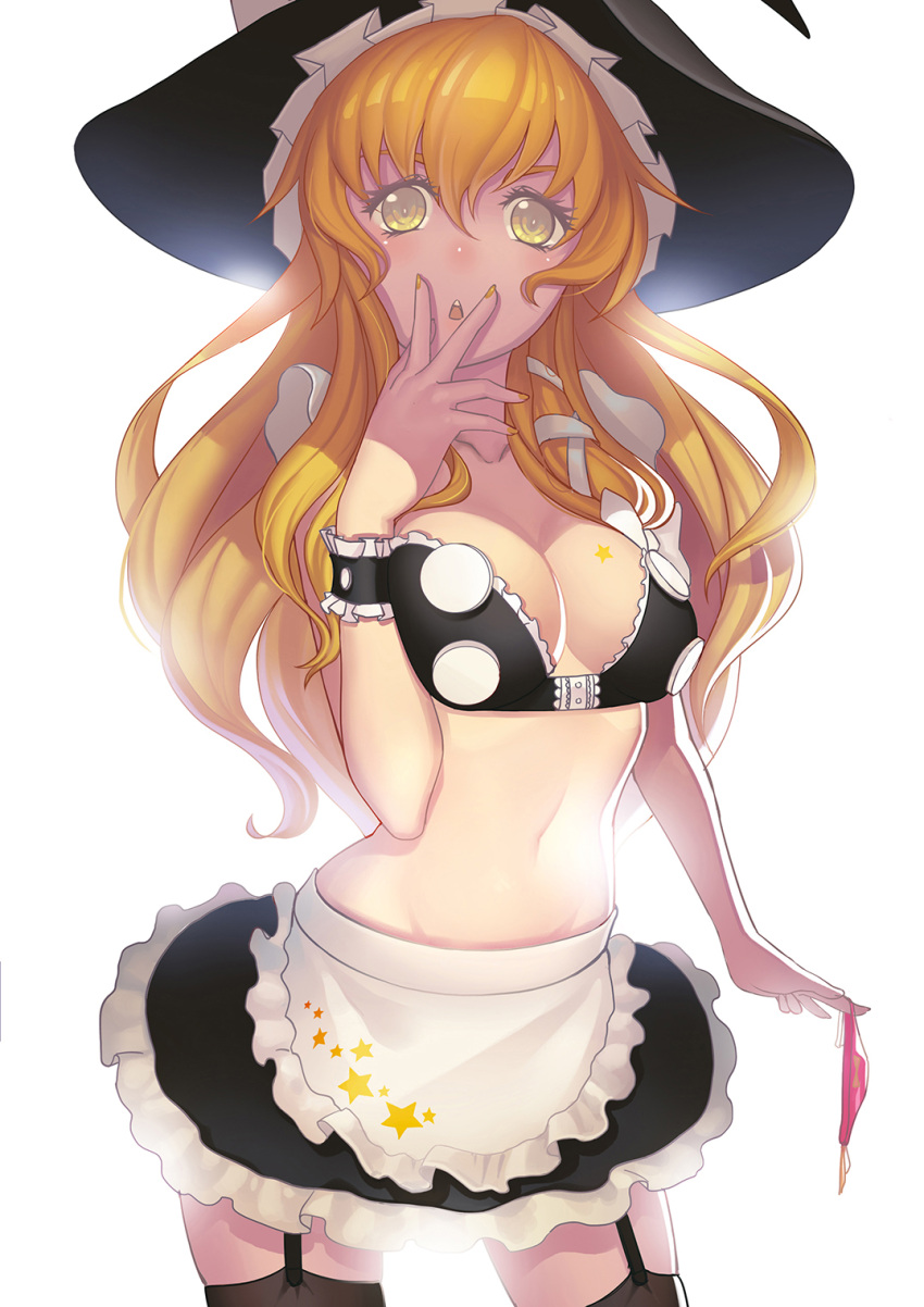 1girl adapted_costume apron black_legwear blonde_hair blush bow breasts cleavage garter_straps hair_bow hat highres kirisame_marisa long_hair looking_at_viewer midriff navel saidyiiii simple_background skirt solo star thighhighs touhou waist_apron white_background witch_hat wrist_cuffs yellow_eyes