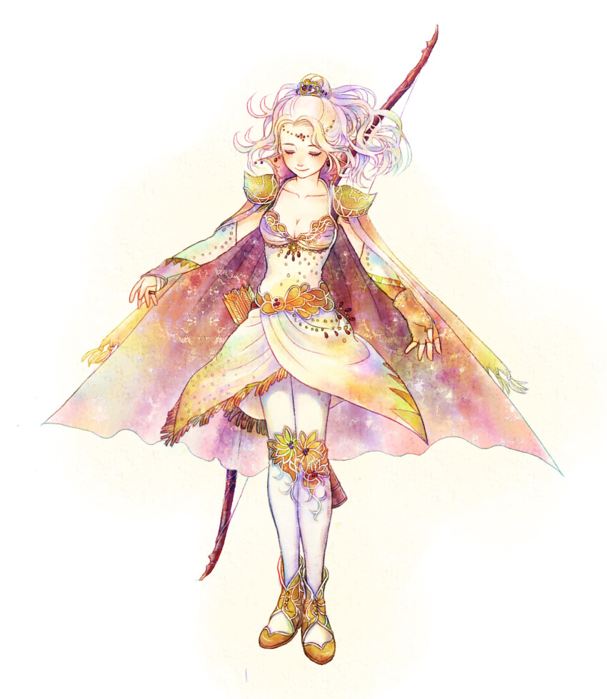 arrow blonde_hair boots bow_(weapon) breasts bridal_gauntlets cape cleavage closed_eyes cocura female final_fantasy final_fantasy_iv hair_ornament highres leotard long_hair pantyhose ponytail quiver rosa_farrell shoulder_pads smile solo tiara weapon