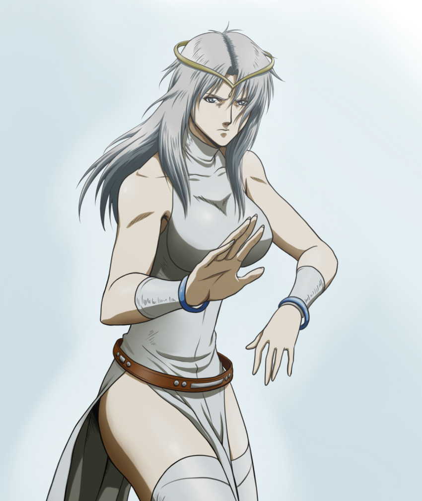 armband bracelet breasts circlet fighting_stance foreshortening genderswap grey_eyes highres hokuto_no_ken jewelry long_hair m.u.g.e.n midnight_bliss side_slit silver_eyes silver_hair taut_shirt thighhighs toki_(hokuto_no_ken)