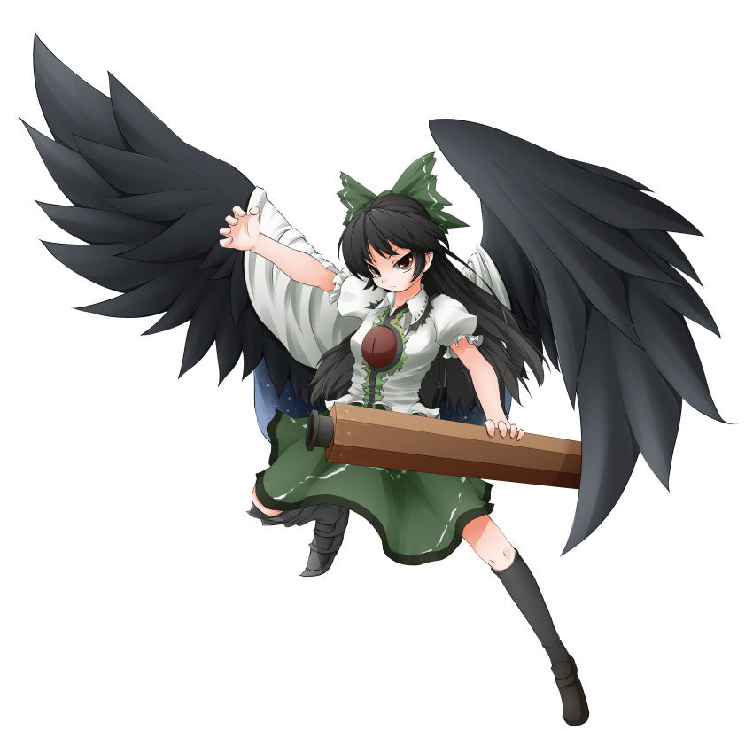 asymmetrical_clothes bad_id black_hair bow cape hair_bow highres hullzion long_hair mismatched_footwear red_eyes reiuji_utsuho skirt solo touhou transparent_background wings