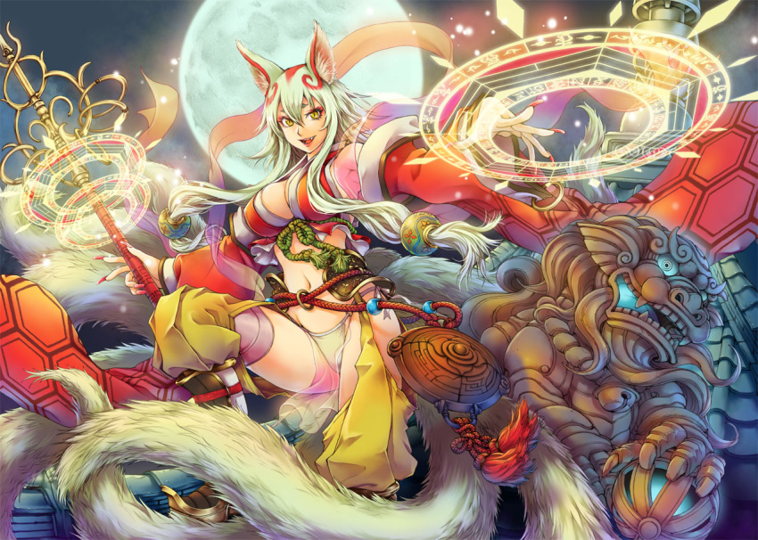 animal_ears bikini fangs hexagon highres japanese_clothes light_particles magic_circle monster moon original sky solo swimsuit tail toshi white_hair yellow_eyes