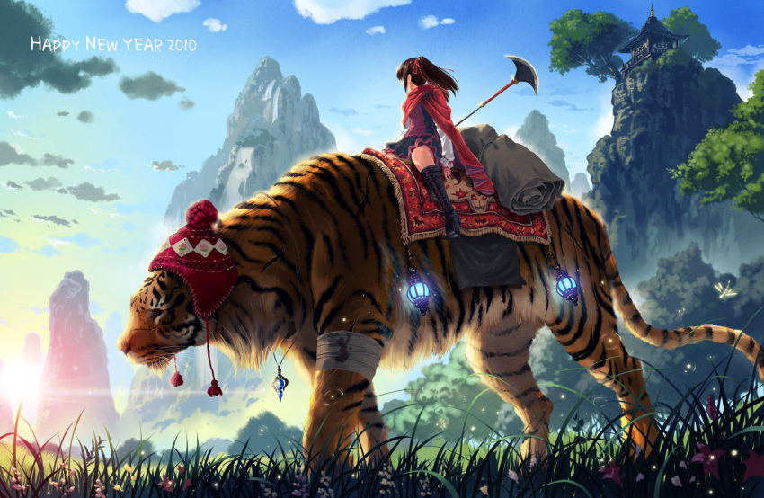 beanie boots building cloud clouds east_asian_architecture flower grass halberd hat highres kankurou landscape light looking_afar looking_away mountain nature new_year polearm scar scenery sky sun temple tiger tree weapon