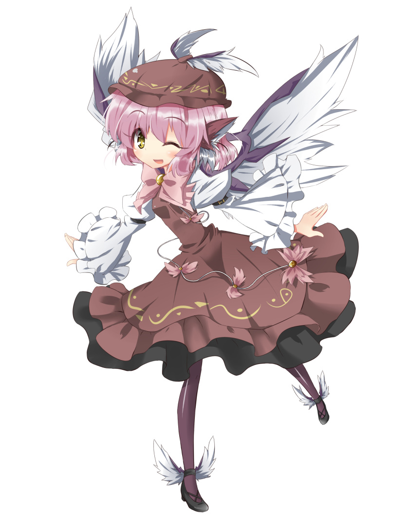animal_ears bad_id black_legwear cross-laced_footwear dress hat highres mystia_lorelei open_mouth outstretched_arms pantyhose pink_hair short_hair smile solo spread_arms touhou transparent_background urimono winged_shoes wings wink yellow_eyes