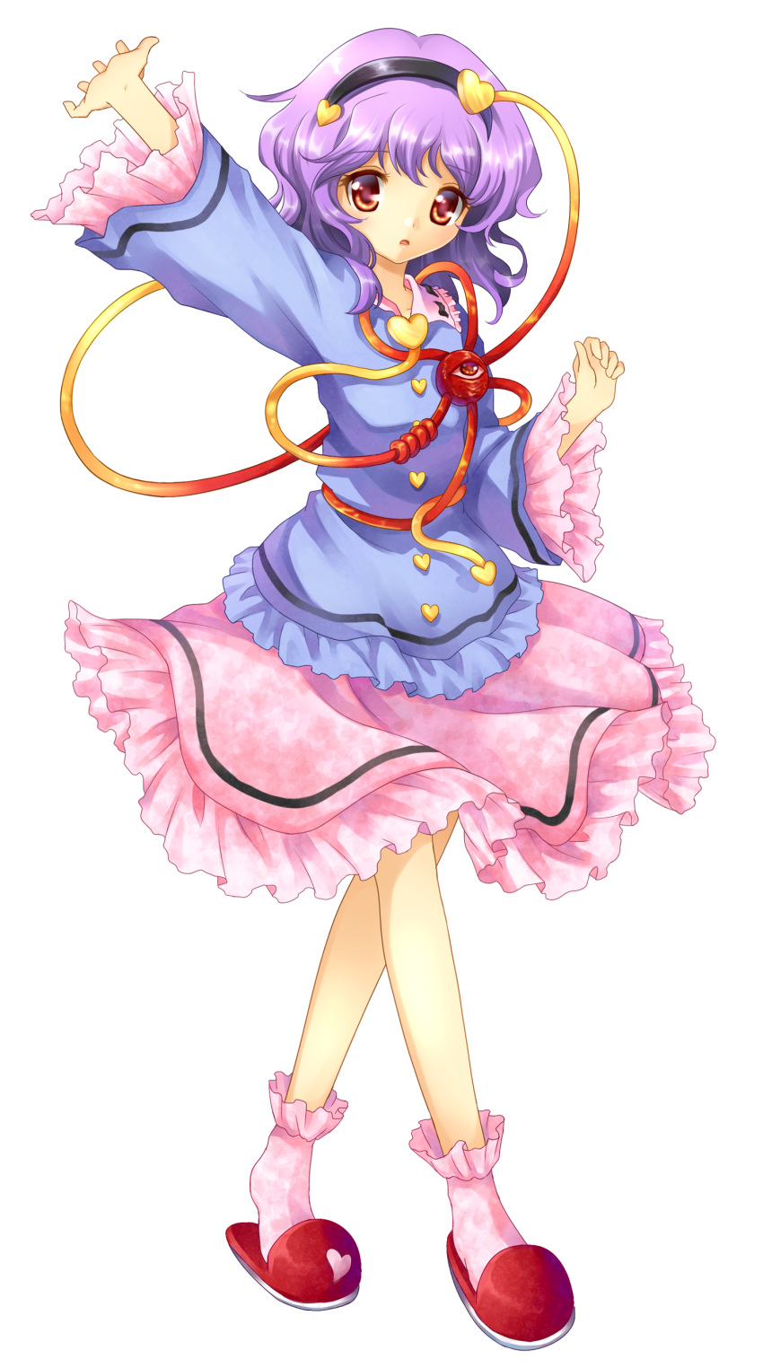 arm_up blush crossed_legs_(standing) eyes hairband hands heart highres komeiji_satori looking_at_viewer mauve open_mouth orange_eyes outstretched_arm purple_hair red_eyes short_hair slippers socks solo touhou transparent_background