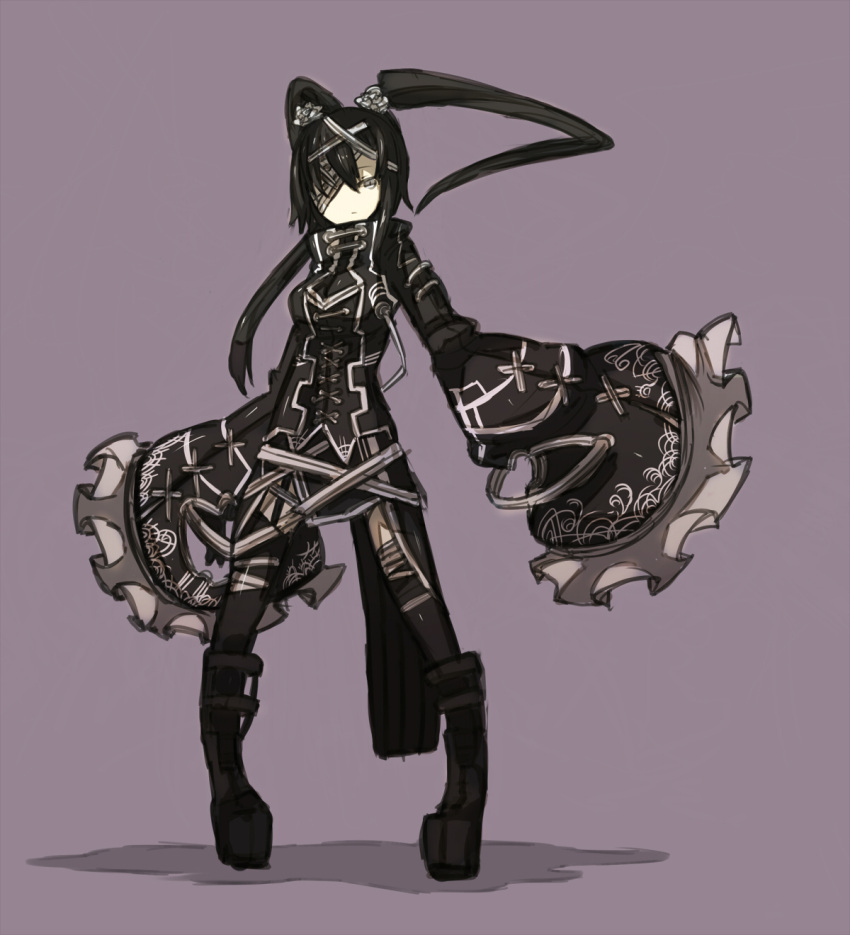 boots emotionless expressionless eyepatch flower frills gothic hair_flower hair_ornament highres long_hair long_sleeves original shirogane_usagi silver_eyes simple_background solo thigh-highs thighhighs twintails