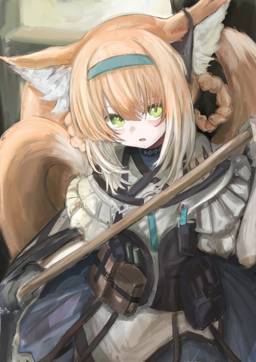1girl absurdres animal_ear_fluff animal_ears arknights bangs black_gloves blush commentary cowboy_shot dress fox_ears fox_girl fox_tail gloves green_eyes hair_between_eyes hair_rings hand_up highres holding holding_weapon long_hair looking_at_viewer multiple_tails orange_fur orange_hair parted_lips piennamekuzi pouch short_sleeves sidelocks solo suzuran_(arknights) tail weapon white_dress