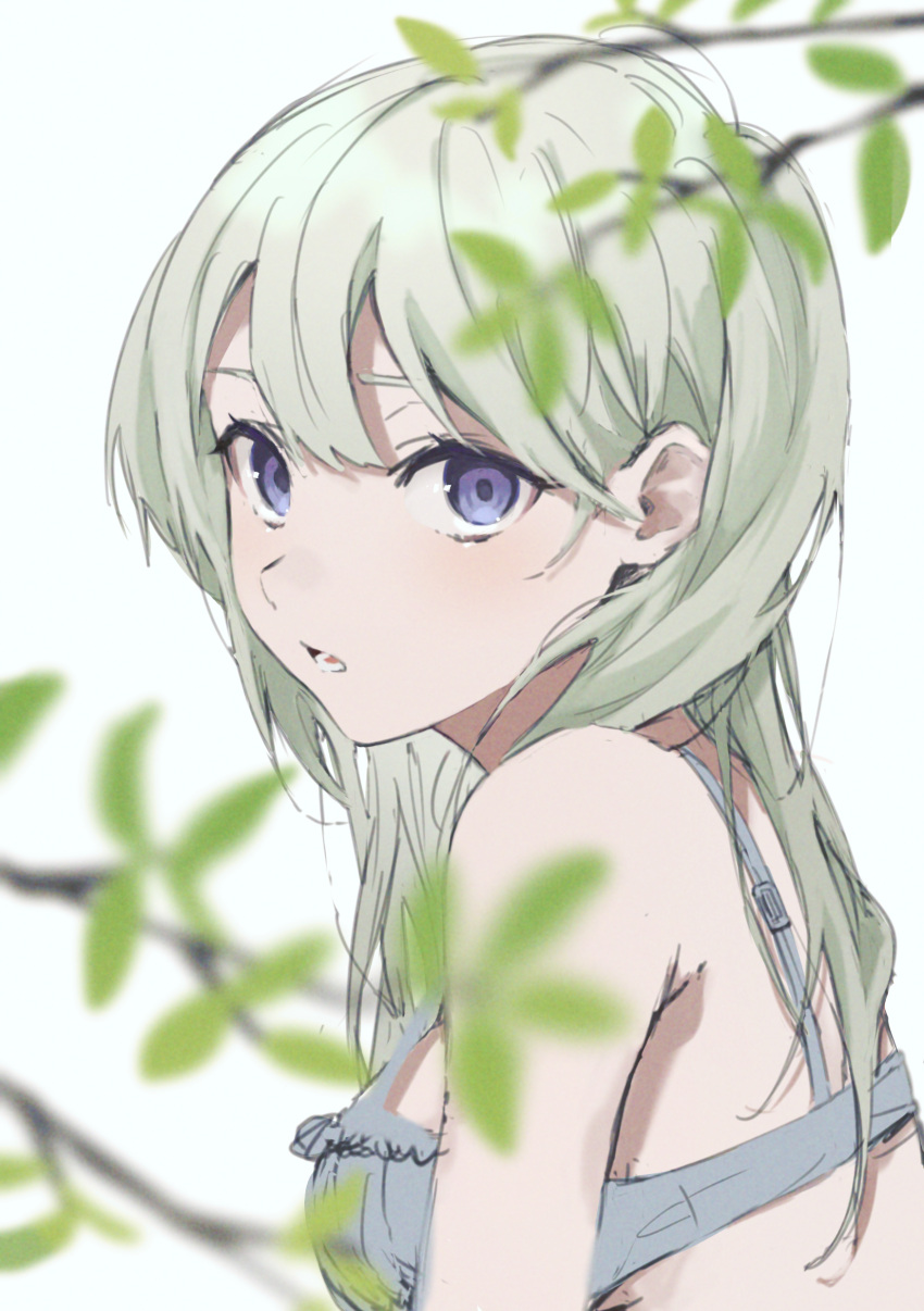 1girl absurdres bare_shoulders blurry blurry_foreground blush bra branch frilled_bra frills green_hair highres ktym_777 leaf light_green_hair long_hair looking_at_viewer lower_teeth open_mouth original simple_background sketch solo teeth tongue underwear upper_body violet_eyes white_background