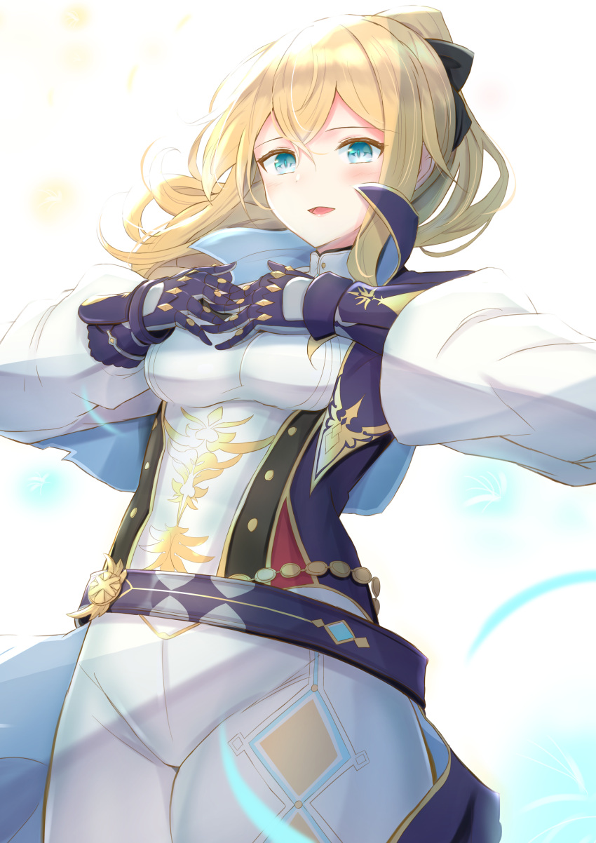 1girl absurdres belt blonde_hair blue_capelet bow breasts capelet gauntlets genshin_impact green_eyes hair_bow hands_on_own_chest highres jean_(genshin_impact) large_breasts light_blush long_hair looking_at_viewer military military_uniform open_mouth pants ponytail standing tight tight_pants uniform user_cjht2834 white_background white_pants wide_sleeves