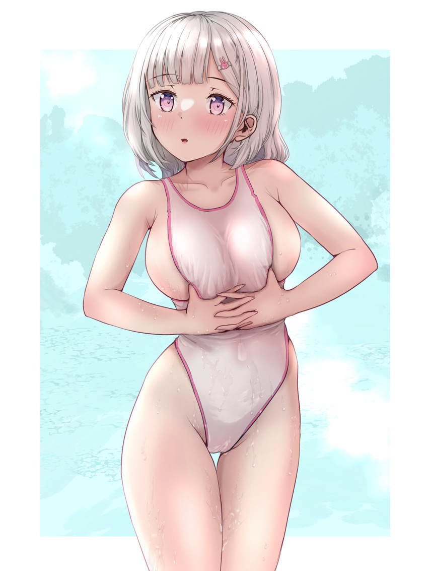 1girl breasts clothes_pull commentary_request competition_swimsuit cowboy_shot highres large_breasts looking_at_viewer mashinatsu one-piece_swimsuit original pink_eyes short_hair sideboob silver_hair solo standing swimsuit swimsuit_pull thigh_gap white_swimsuit