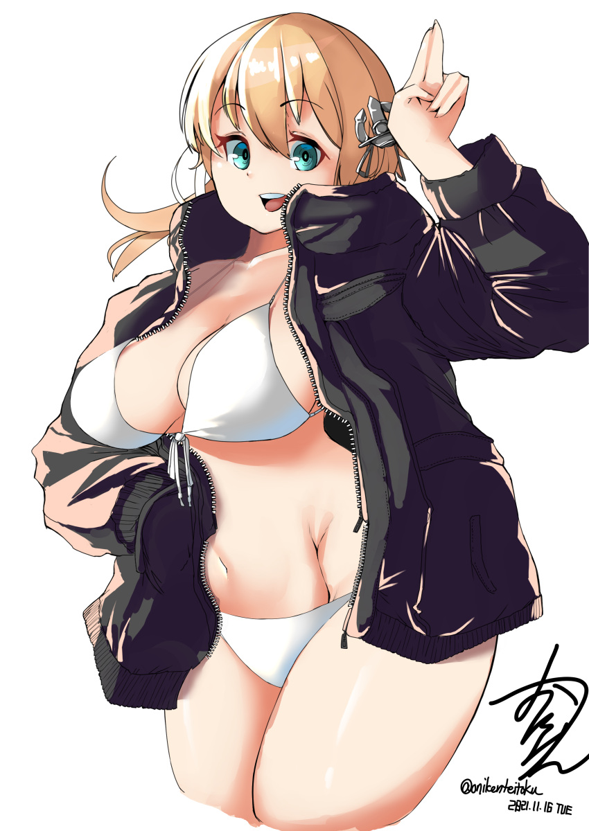 1girl absurdres anchor_hair_ornament aqua_eyes bikini black_jacket blonde_hair bomber_jacket breasts cowboy_shot dated groin hair_ornament highres jacket kantai_collection large_breasts long_hair looking_at_viewer navel oniken open_clothes open_jacket prinz_eugen_(kancolle) side-tie_bikini signature smile solo swimsuit twintails twitter_username white_bikini wide_hips