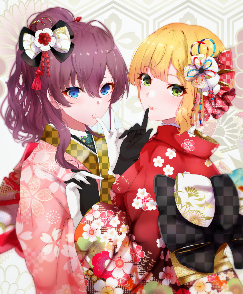 2girls absurdres bangs black_bow black_gloves bow closed_mouth commentary_request eyebrows_visible_through_hair eyelashes eyeshadow finger_to_mouth floral_print from_side gloves green_eyes hair_between_eyes hair_ornament hairpin hand_up highres holding_hands ichinose_shiki idolmaster idolmaster_cinderella_girls interlocked_fingers japanese_clothes kimono long_hair looking_at_viewer looking_to_the_side makeup miyamoto_frederica multiple_girls parted_lips pink_kimono ponytail print_kimono purple_hair red_kimono ryuu. short_hair smile upper_body v wide_sleeves