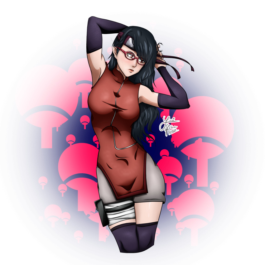 1girl absurdres arm_behind_head arm_up armpits black_hair blush boruto:_naruto_next_generations breasts closed_mouth elbow_gloves glasses gloves hair_between_eyes headband highres long_hair naruto_(series) red_eyes red_headband red_shirt satanaries self_upload shirt shorts skinny solo standing symbol uchiha_sarada