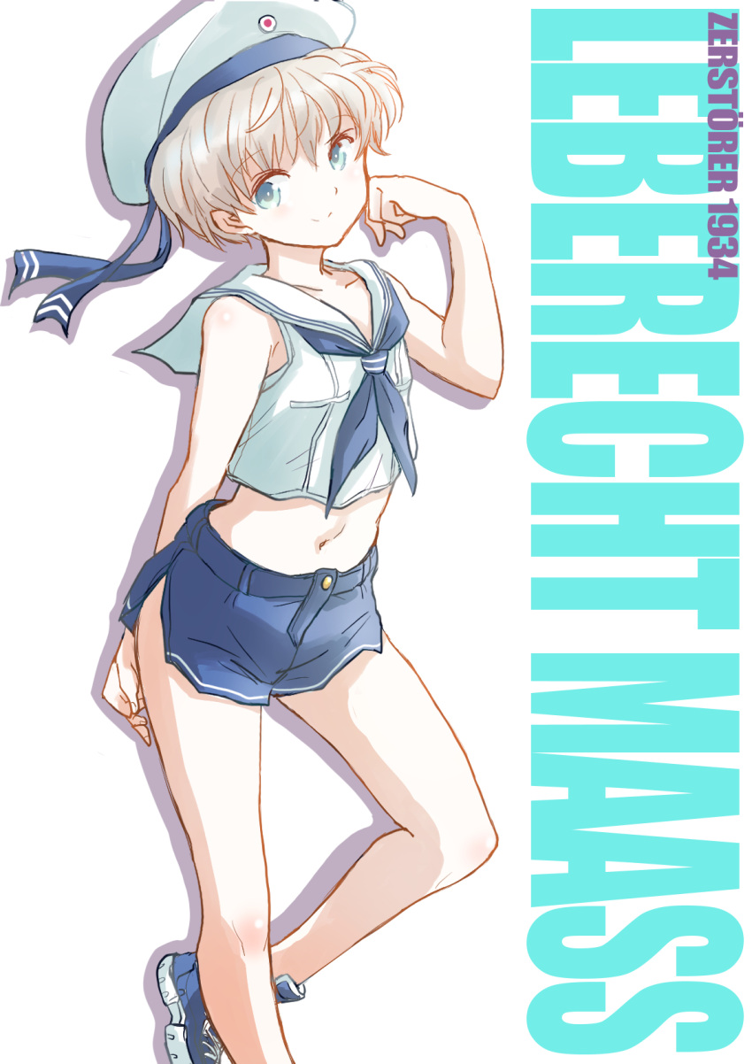 1girl alternate_costume blue_eyes blue_neckwear blue_shorts casual character_name crop_top feet_out_of_frame fuji_(pixiv24804665) hat highres kantai_collection looking_at_viewer navel neckerchief sailor_collar sailor_hat sailor_shirt shirt short_hair short_shorts shorts silver_hair sleeveless sleeveless_shirt solo white_headwear white_sailor_collar white_shirt z1_leberecht_maass_(kancolle)
