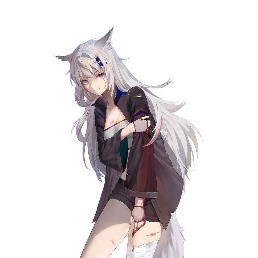 1girl animal_ears arknights bandaged_leg bandages bandeau bangs black_jacket black_shorts commentary cowboy_shot fingerless_gloves gloves grey_eyes grey_gloves haha_(urgh8347) hair_ornament hairclip highres holding_own_arm jacket lappland_(arknights) long_hair looking_at_viewer midriff open_clothes open_jacket short_shorts shorts silver_hair simple_background solo standing strapless thighs tube_top very_long_hair white_background wolf_ears