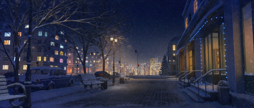 bare_tree bench building car cityscape commentary_request dankalaning english_commentary ground_vehicle highres lamppost light mixed-language_commentary motor_vehicle night night_sky no_humans original path plant road scenery sky snow stairs star_(sky) traffic_light tree winter