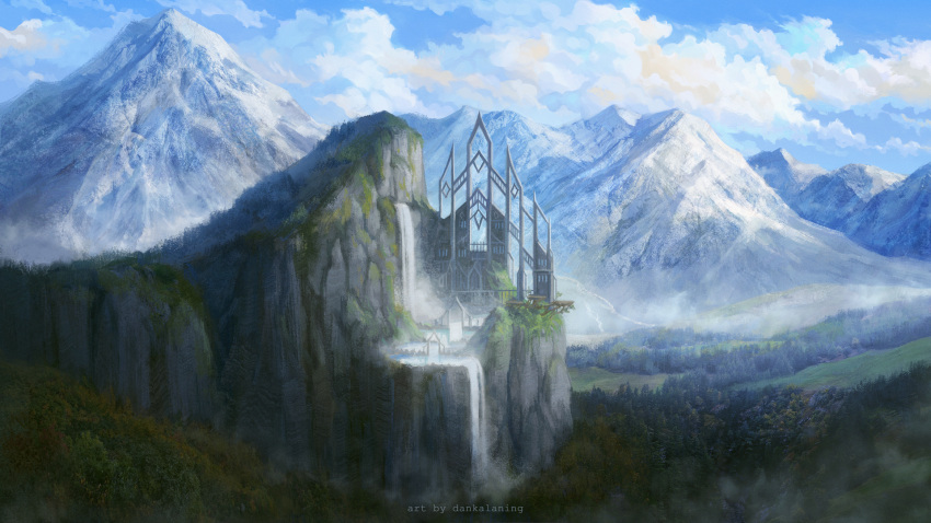 artist_name blue_sky clouds commentary_request dankalaning day english_text fantasy forest grass highres landscape mountain nature no_humans original plant scenery sky snow_mountain tree water waterfall