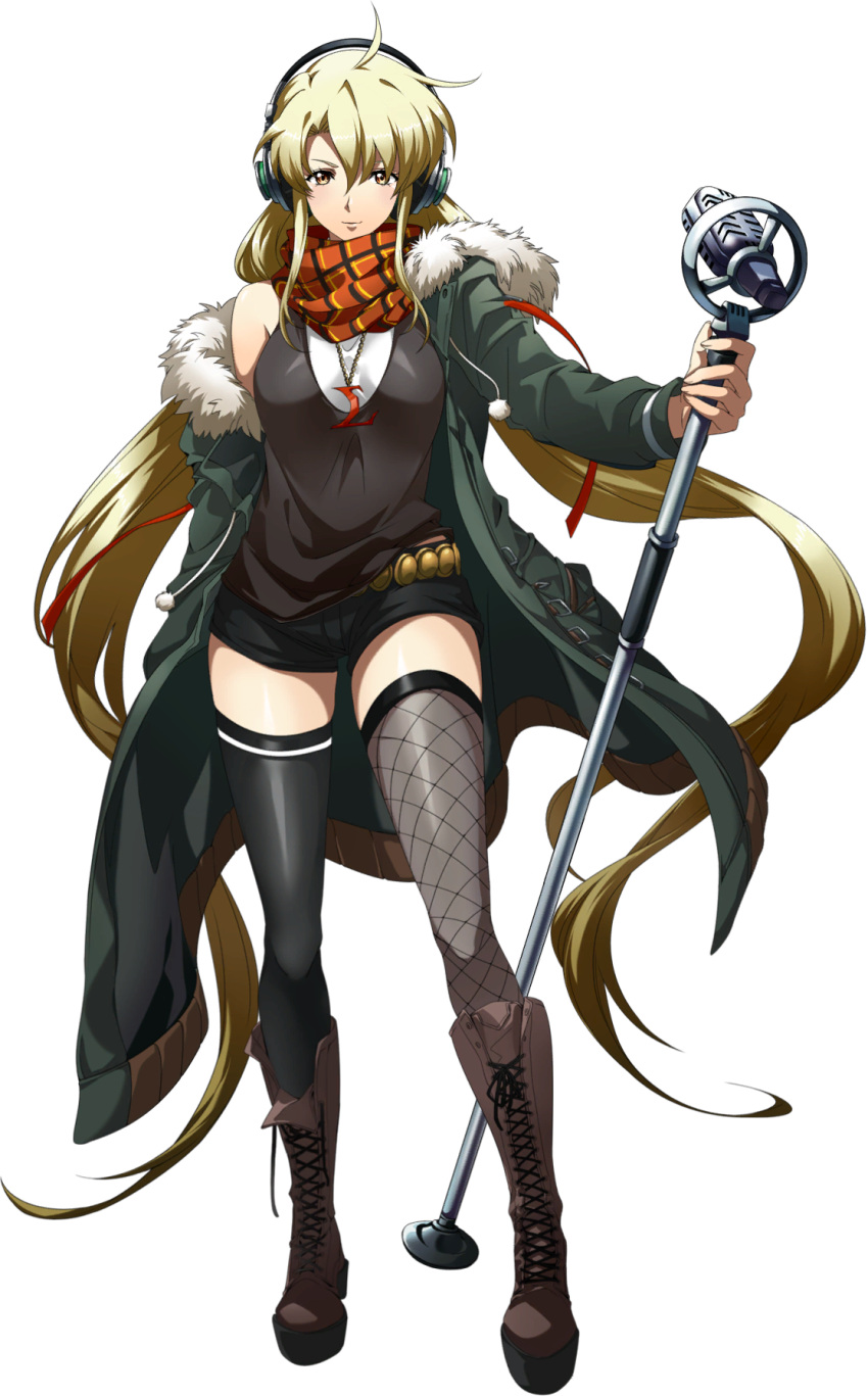 1girl ahoge asymmetrical_legwear bangs black_hairband black_legwear black_shirt black_shorts blonde_hair boots brown_eyes closed_mouth coat floating_hair full_body fur_coat hair_between_eyes hairband headphones highres holding holding_microphone_stand jewelry knee_boots langrisser langrisser_ii long_hair long_sleeves looking_at_viewer microphone_stand necklace official_art open_clothes open_coat orange_scarf plaid plaid_scarf rana_(langrisser) scarf shiny shiny_hair shirt short_shorts shorts sleeveless sleeveless_shirt solo standing thigh-highs transparent_background twintails very_long_hair