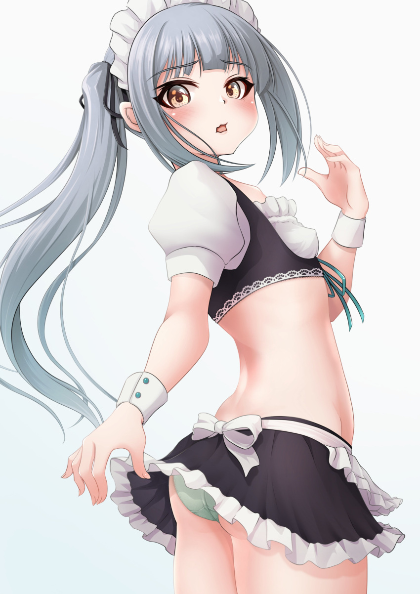 1girl absurdres alternate_costume black_skirt brown_eyes commentary_request crop_top enmaided frilled_blouse frilled_skirt frills green_panties grey_hair highres kantai_collection kasumi_(kancolle) long_hair maid maid_headdress makura_(user_jpmm5733) midriff panties side_ponytail simple_background skirt solo underwear white_background wrist_cuffs