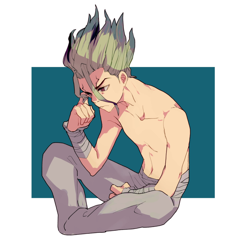 1boy absurdres blue_background dr._stone grey_pants highres ishigami_senkuu kuroha_dayo male_focus navel pants red_eyes simple_background sitting solo spiky_hair thinking topless_male two-tone_background white_background